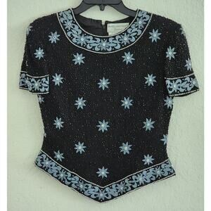 Vintage Papell Boutique Silk Beaded Top Black Blue Floral Sz S Evening Blouse